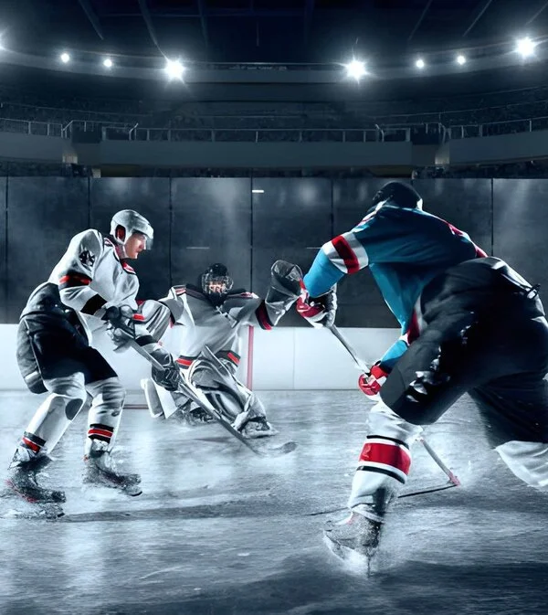 different player wearing uniform while playing ice hockey different colors