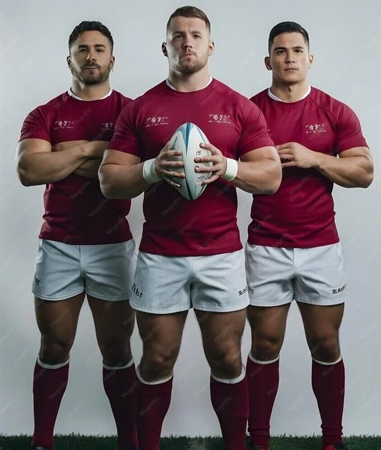 Players wearing custom made mehroon and white rugby uniform
