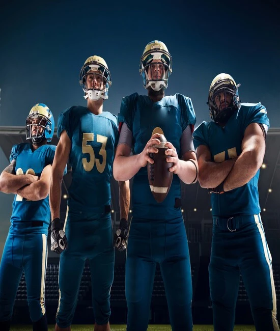 Players wearing custom made blue american football uniform
