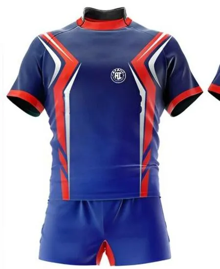 Custom made red and blue rugby uniform