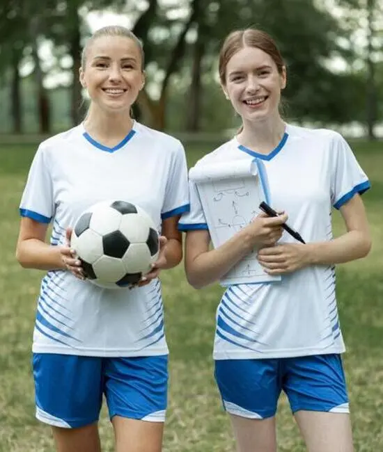 Women wearing custom soccer uniforms for sports teams